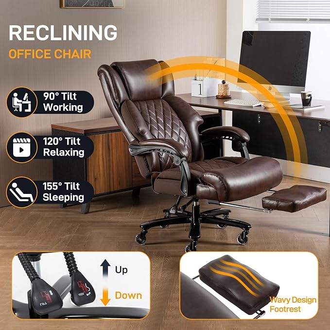 500 LBS Big and Tall Office Chair with Foot Rest High Back Recline Ergonomic Chair for Heavy People, Executive Office Chair Comfortable for Home Office, Large Computer Desk Chair Brown