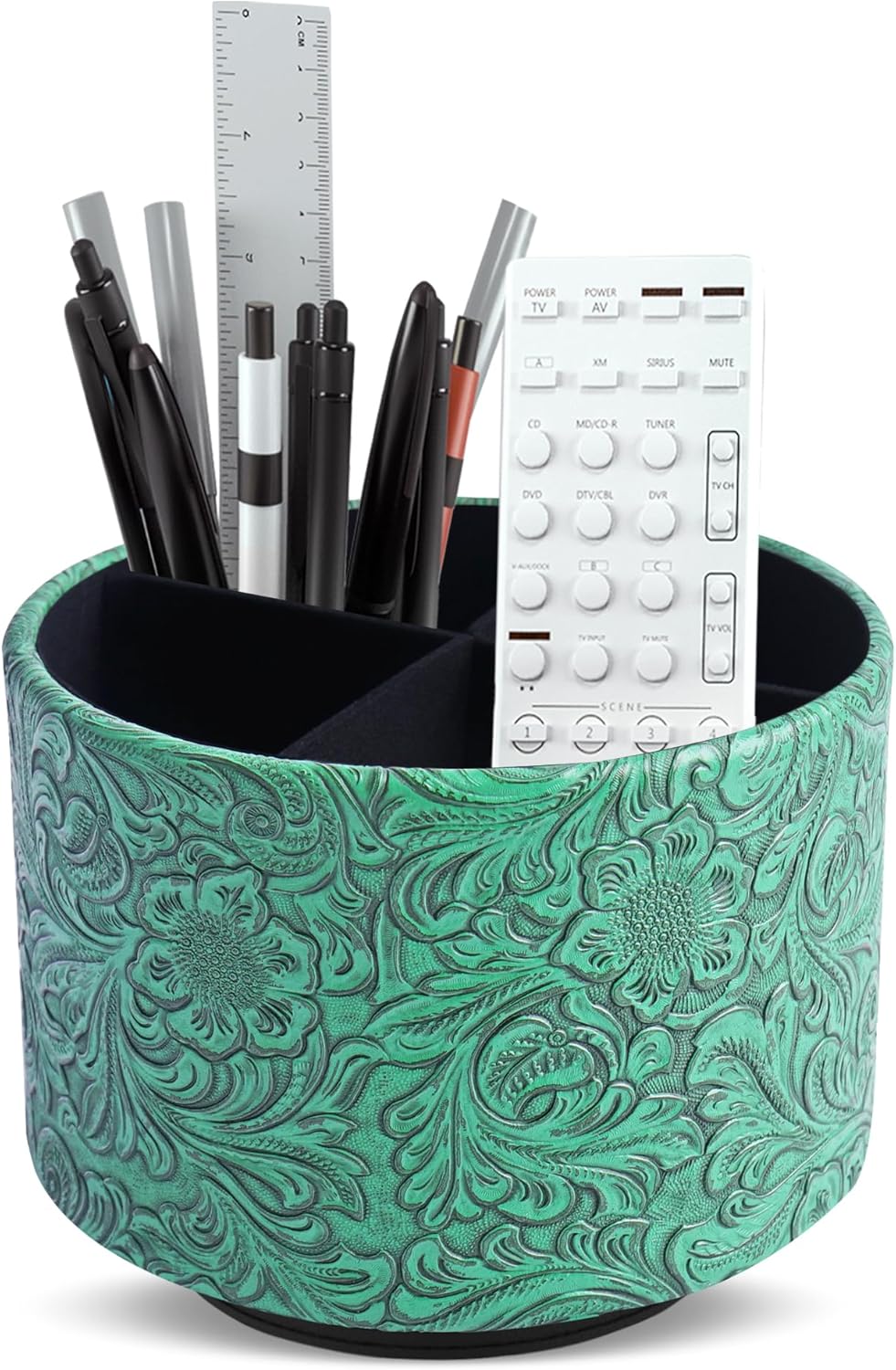 lizimandu Round Leather Art Supply Organizer,Remote Control Holder,360 Degree Spinning,Multi-Functional Pencil Holder,4 Compartments Desktop Stationary Organizer(1-Carved Green)