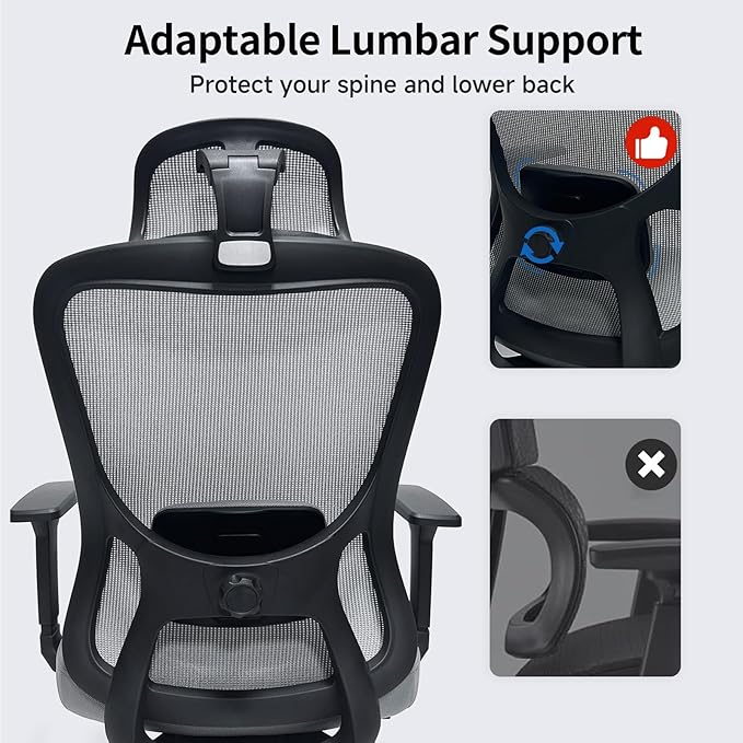 Ergonomic Desk Office Chair, High Back Home Computer Chair with Adjustable Swivel 3D Armrests for Comfort Lumbar Supports Up to 400lbs (Grey)