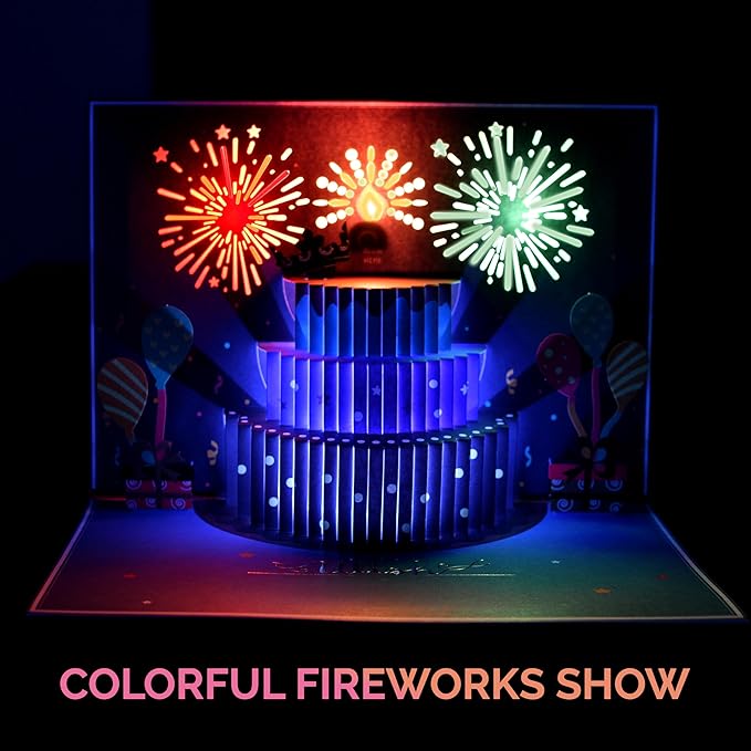 3D Pop Up Happy Birthday Cards for Men – LED Fireworks & Music with Blow The Candle, Gold Crown, 3D Balloons, Blue Design - Happy Birthday Card for Him - Dad, Husband, Boys & Son (8.27" x 5.27")