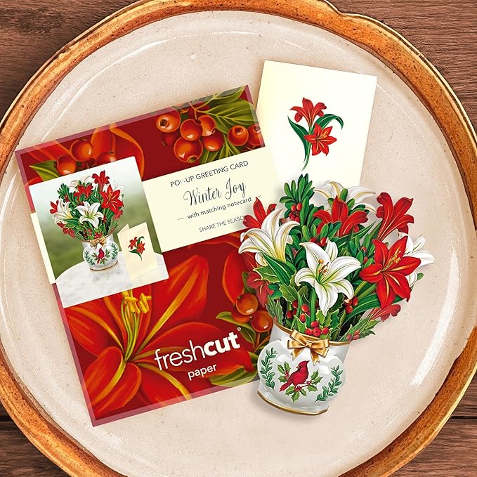 Freshcut Paper Pop Up Cards, Mini Winter Joy, 6 Inch Mini Sized Forever Flower Bouquet 3D Popup Greeting Cards, Christmas Card, Holiday Card, Blank Notecard & Envelope