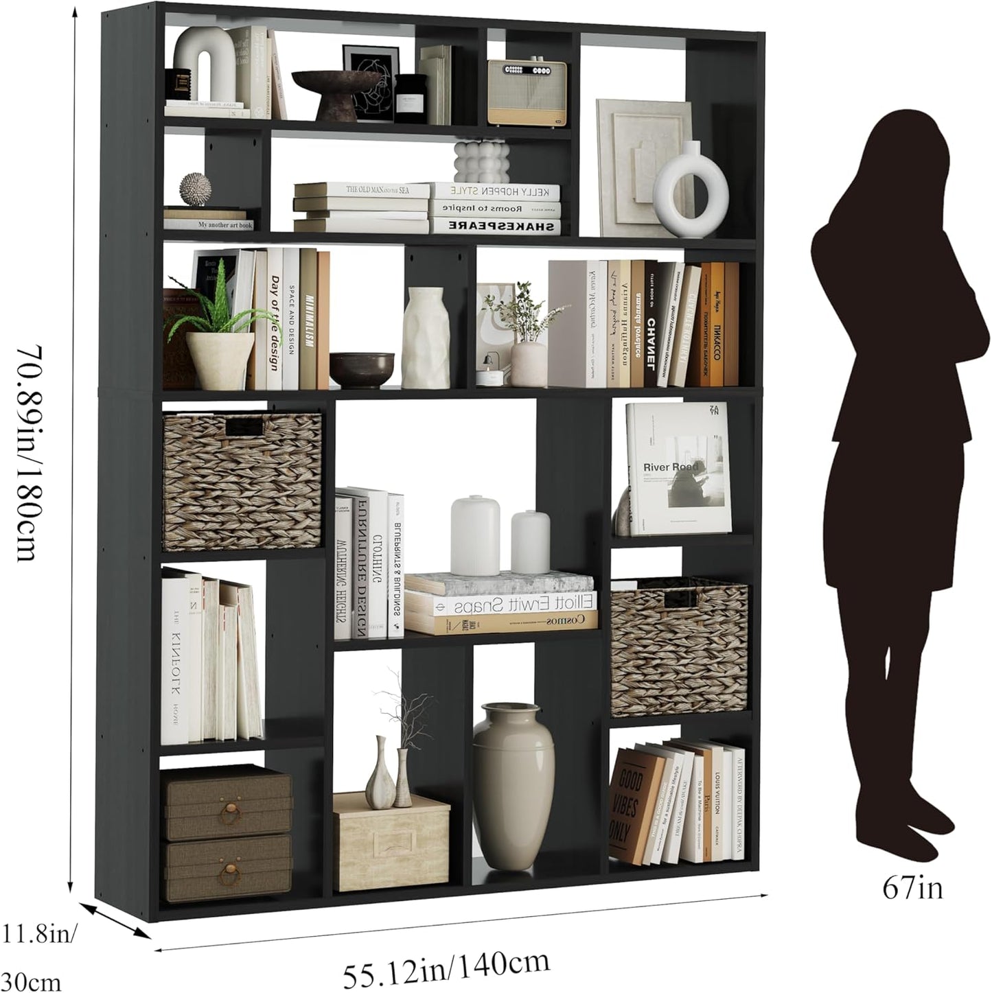 BLANKSPACE 71" H Large Bookcase with 6 Open Shelves & 2 Baskets - Heavy Duty Storage Shelf for Home Office, Living Room, Freestanding Organizer