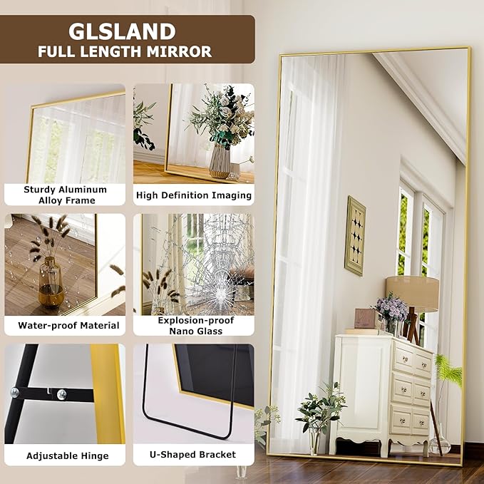 GLSLAND 76"x34" Full Length Mirror Extra Large Hanging or Leaning Rectangle Mirror Aluminum Alloy Thin Frame Bedroom Floor Dressing,Gold