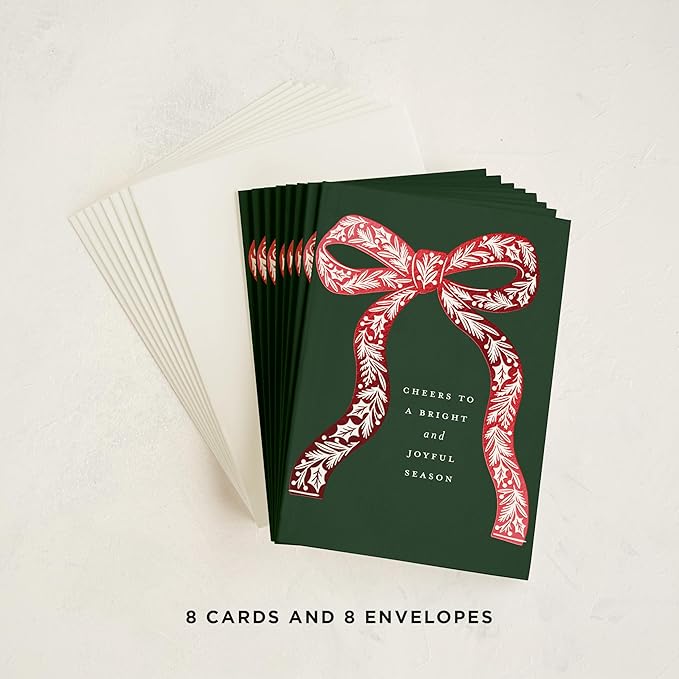 Minted Botanical Bow Holiday Cards, 8 Cards with Envelopes, Folded 5x7 Christmas Card with Red and White Illustrated Ribbon Design, Gold Foil-Pressed, Luxurious Paper, Interior Message Included