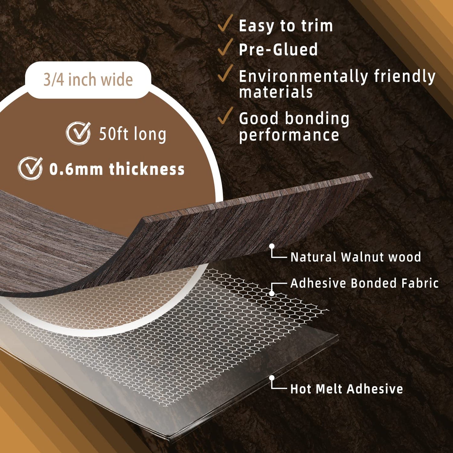 GSCIT Club Walnut Edge Banding, 3/4 inch x 50ft roll of Veneer Edge Banding Preglued Flexible, Real Wood Tape Banding