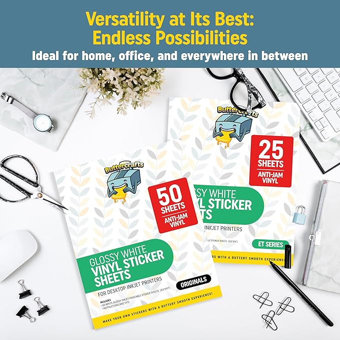 Printable Vinyl - Sticker Paper for Inkjet Printer for Epson (25 Sheets, 8.5" x 11", Anti Jam) - Glossy Printable Sticker Paper - Inkjet Printable Waterproof Sticker Paper - Make Labels and Decal