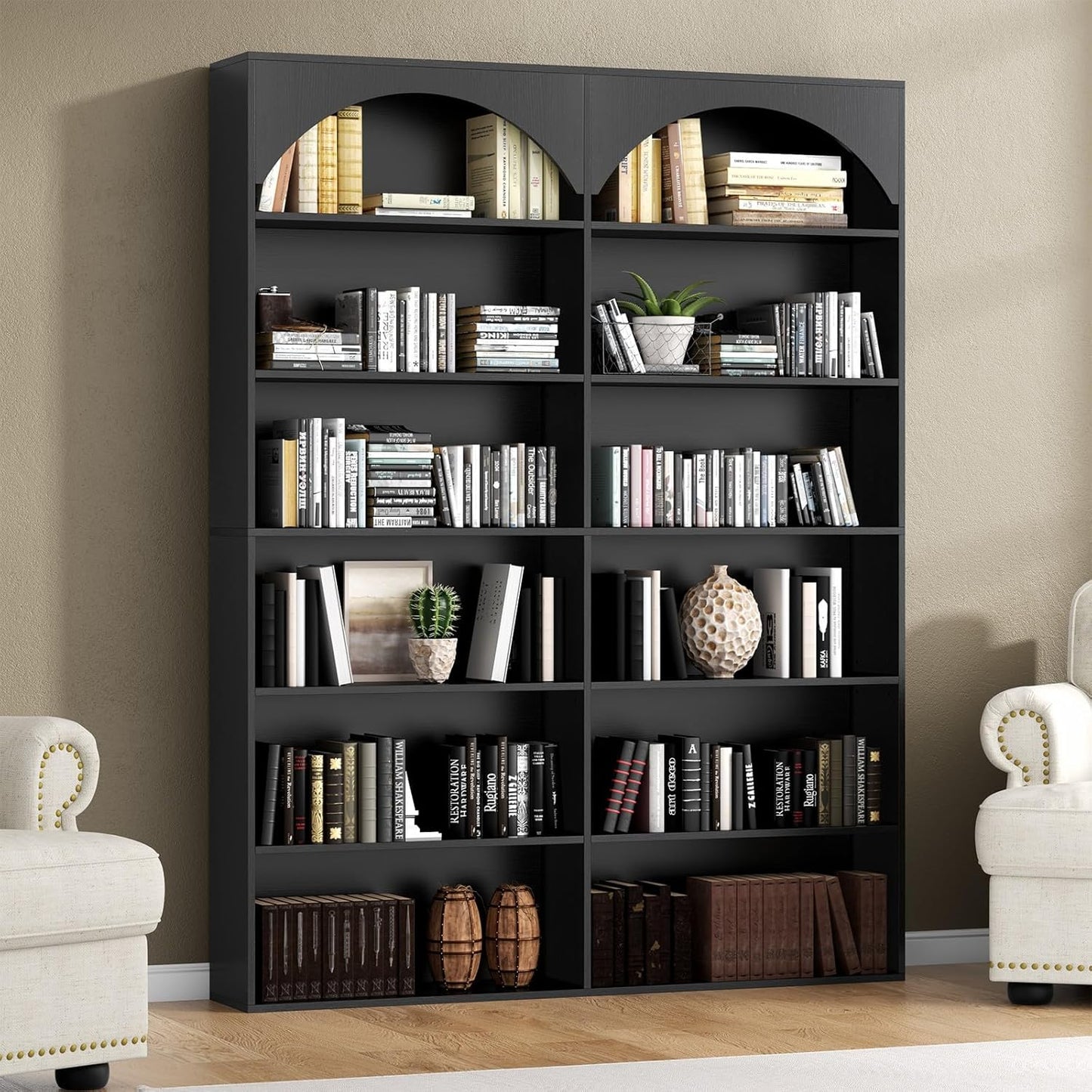 70.8’’ Tall Bookshelf and Bookcase, 7-Tier Double Wide Bookcase Modern Large Open Display Shelves with Curved Baffle for Home Office Living Room (Black)