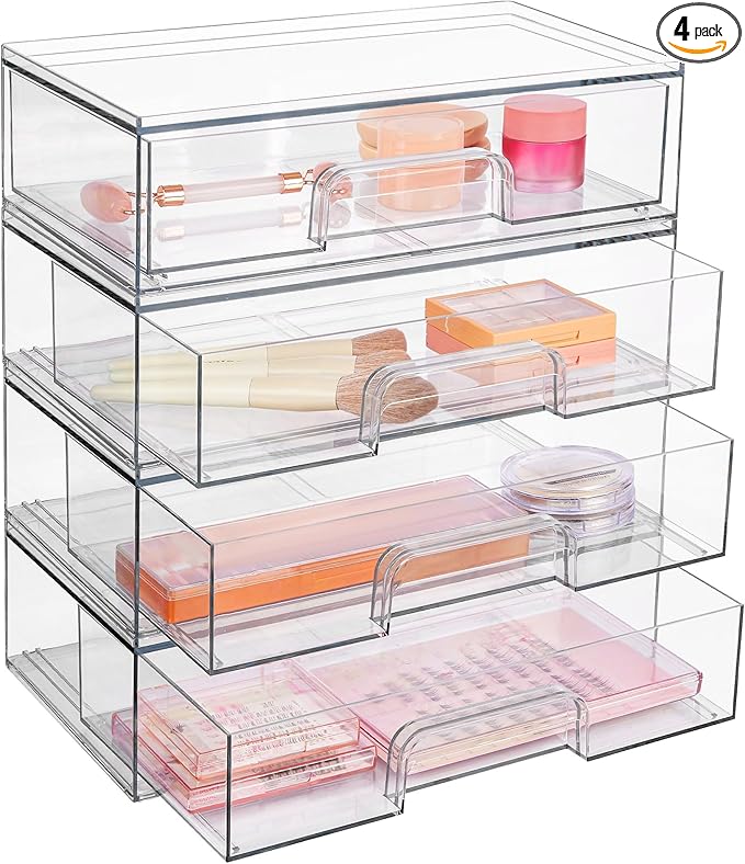 Vtopmart 12.1''W Clear Stackable Storage Drawers,4 Pack Acrylic Plastic Organizers Bins for Makeup Palettes, Cosmetics, and Beauty Supplies,Ideal for Vanity, Bathroom,Cabinet,Desk Organization