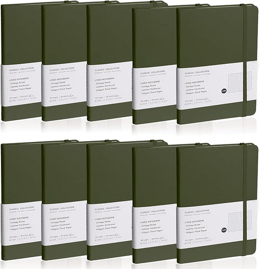 Lined Journal Notebook, 10Pack(Olive Green), 160 Pages, Medium 5.7 inches x 8 inches - 100 gsm Thick Paper, Hardcover