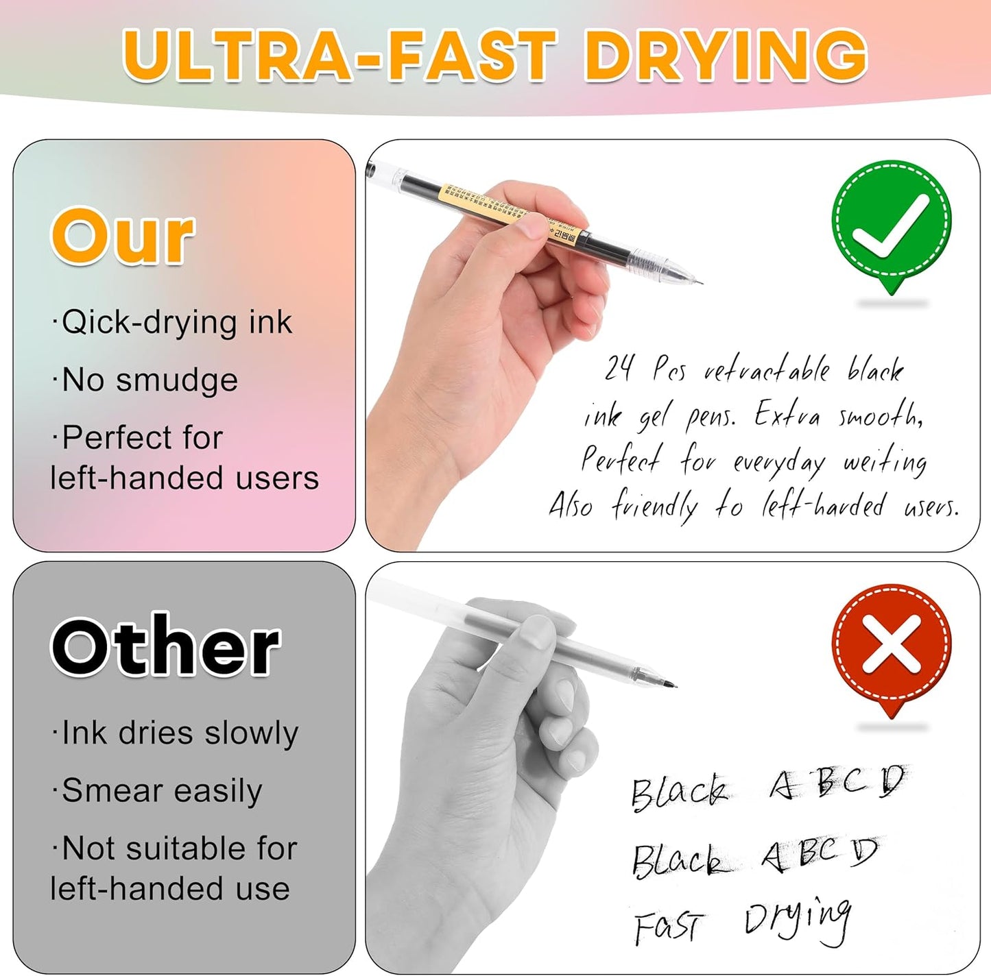 RIANCY Black Blue Red Gel Ink Pens, 0.35mm Extra Fine Point Smooth Writing Rollerball Pens, Japanese Style No Smudge Ballpoint Pen, Quick Drying for Journaling Office School Stationery Supplies 24Pcs