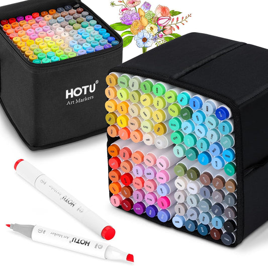 Alcohol Markers, 100 Colors Dual Tips, Coloring Art Marker Set for Adults Kids, Alcohol Based Markers for Permanent, Sketching, Drawing with Non-Blending Pad(Chisel & Fine)