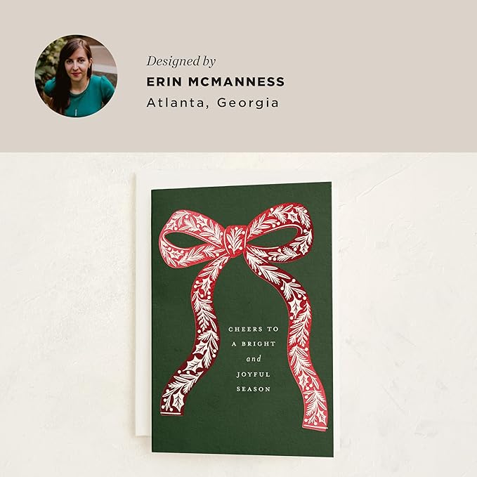 Minted Botanical Bow Holiday Cards, 8 Cards with Envelopes, Folded 5x7 Christmas Card with Red and White Illustrated Ribbon Design, Gold Foil-Pressed, Luxurious Paper, Interior Message Included