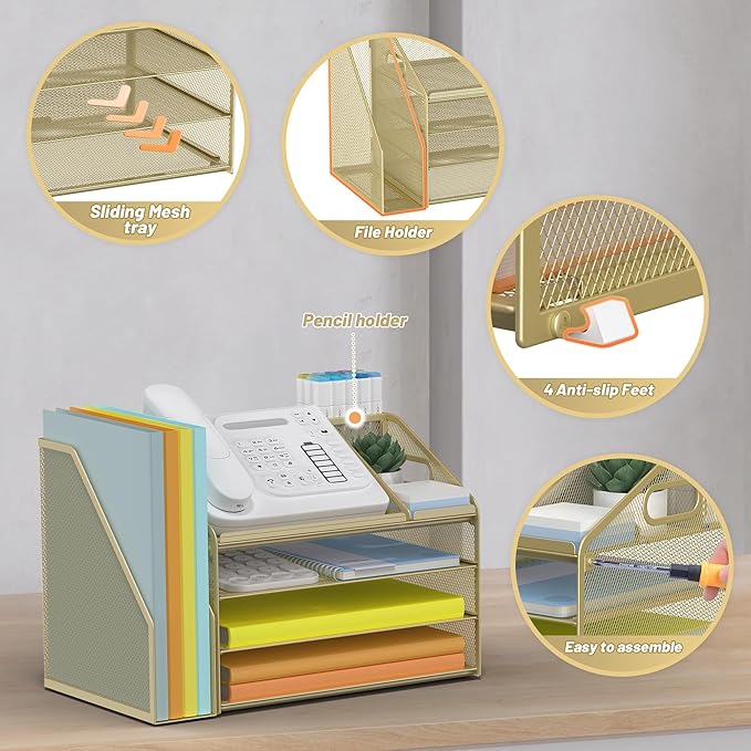 DocNest 4 Tier Paper Letter Tray File Organizer, Mesh Desk File with Handle, Workspace Desk Organizers with Pen Holder, Office Organization Storage Accessories - Gold Yellow