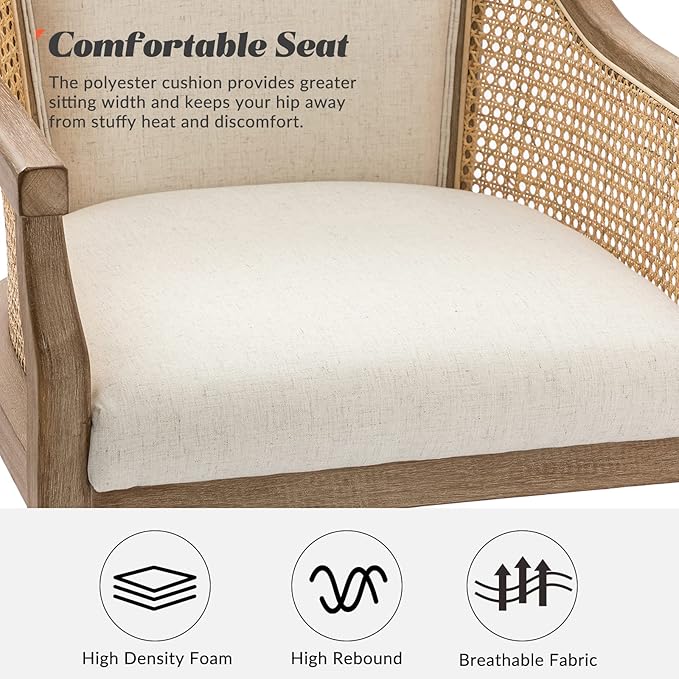 HULALA HOME Rattan Desk Chair, Upholstered Home Office Chair, Vintage Office Chair with Armrest, Adjustable Swivel Rolling Height Task Chair for Living Room Bedroom Study Room, Ivory