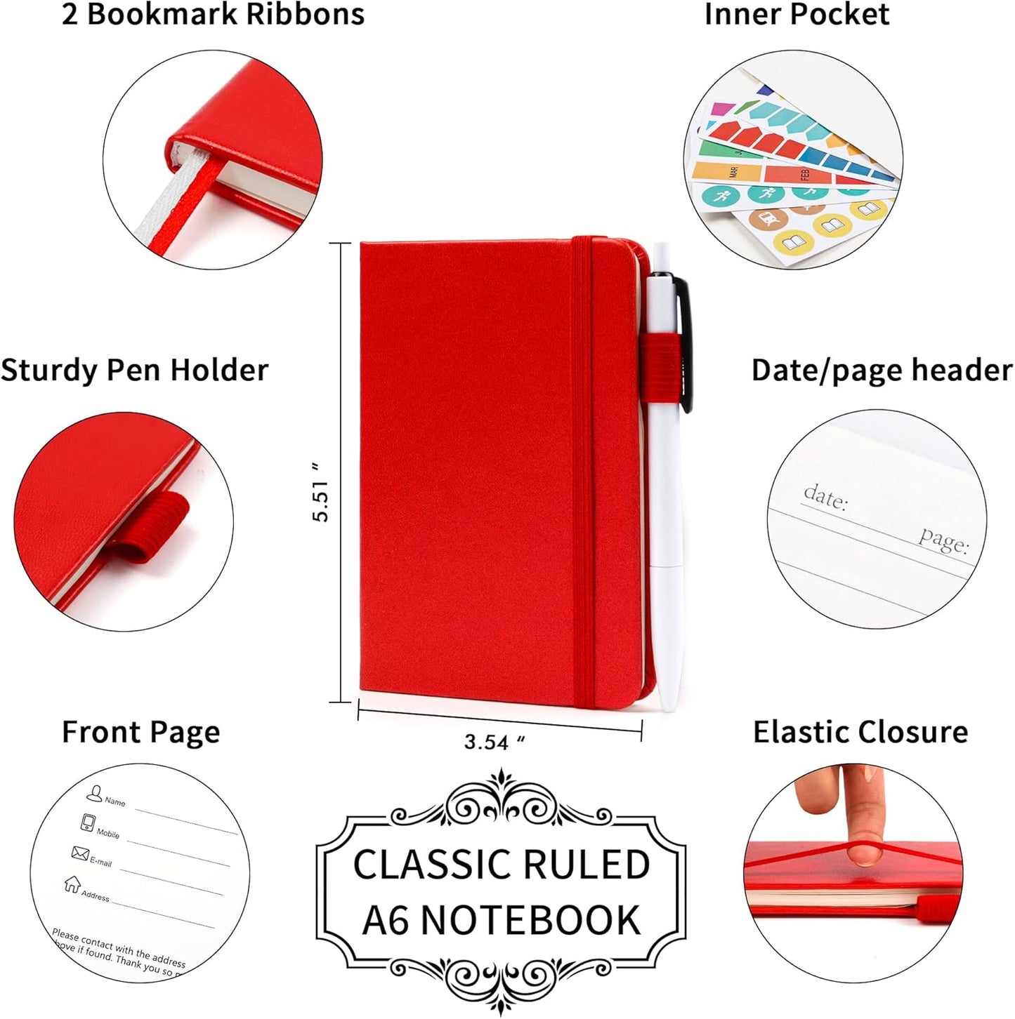 feela 15 Pack Pocket Small Notebooks Bulk, Mini Cute Notepads Hardcover College Ruled Lined Journals with Pen Holder for School Business Memos, with 15 Black Pens, 3.5”x 5.5”, A6, Red