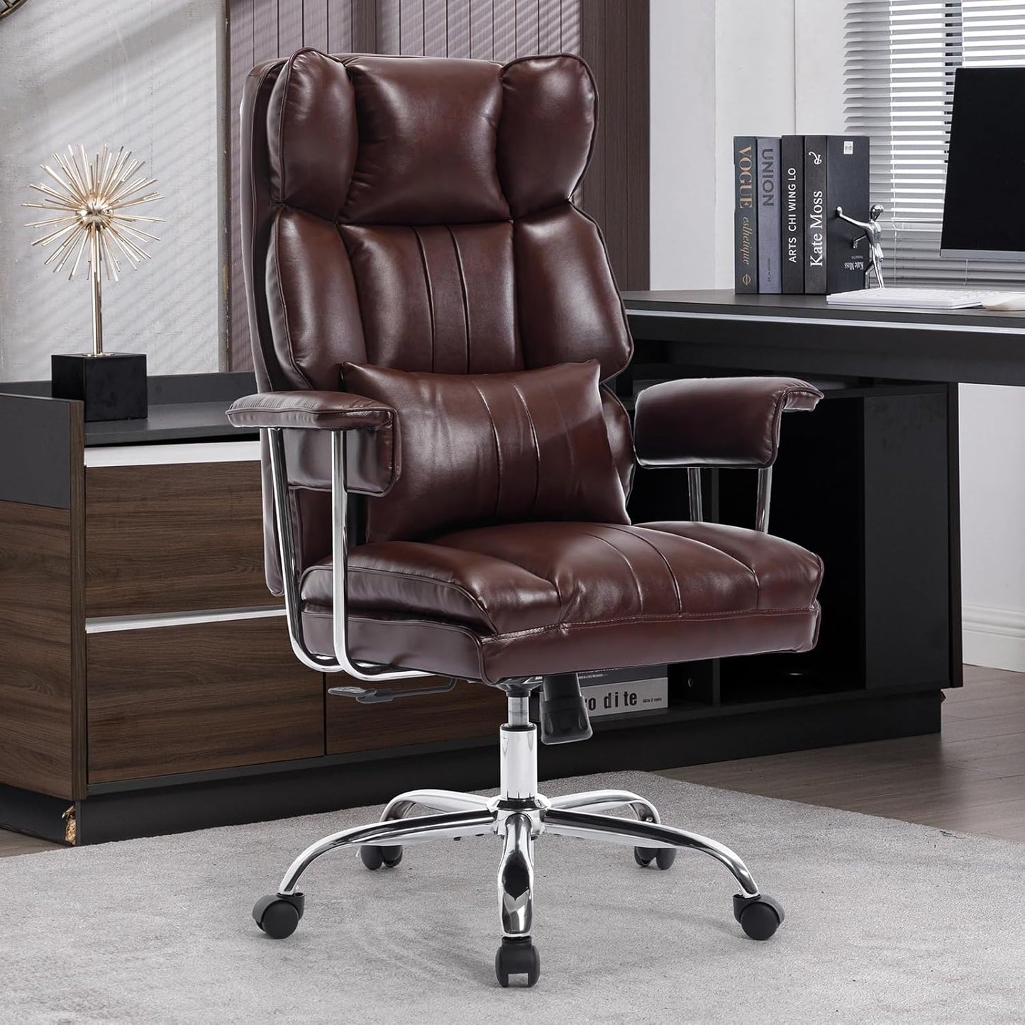 Big and Tall Office Chair 500lbs Wide Seat Executive Office Desk Chair High-Back Office Task Chair, Ergonomic Lumbar Support Computer Office Chairs for Heavy People(Brown)
