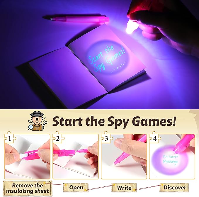 GIFTINBOX Invisible Ink Pens with UV light for Kids, Spy Pen Party Favors for Kids 8-12, 24Pack Invisible Ink Pen and Notebook, Magic Marker for Secret Message Birthday Party Favors for Kid 4-8