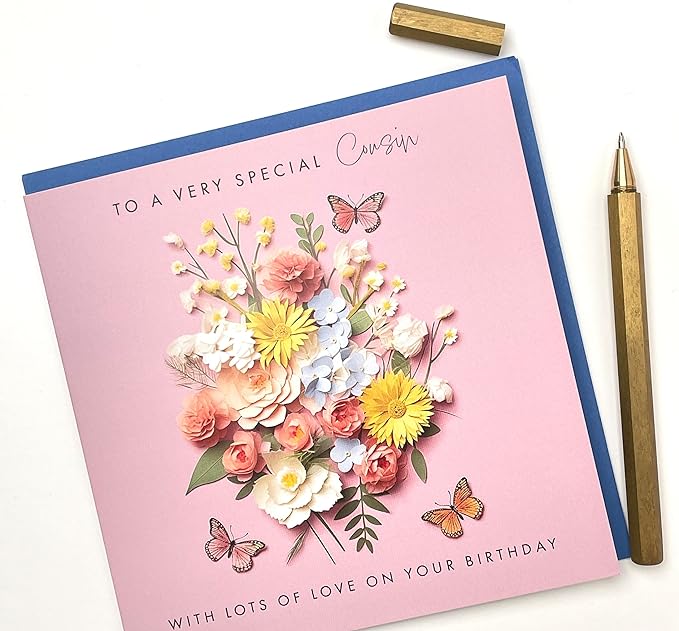 Old English Co. Special Cousin Birthday Card for Her - Pink Flower Butterfly Artwork Birthday Card for Cousin - Cute Cousin Birthday Card | Blank Inside Envelope