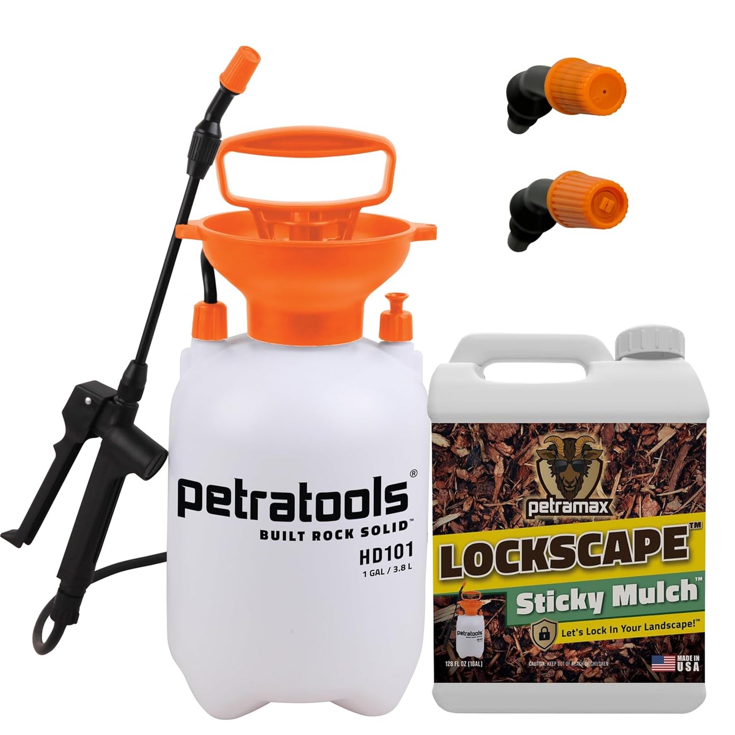 PetraMax Lockdown Sticky Mulch Glue (1 Gal) for Landscaping Bundle with HD101 1 Gallon Pump Garden Sprayer for Easy Hold Landscape