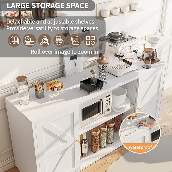 Metal Storage Cabinet with 2 Barn Doors,Farmhouse Sideboard Buffet Cabinet,Pantry Storage Cabinets with Drawers and Shelves, Coffee Bar for Kitchen, Dining Room,Living Room,White TV Stand