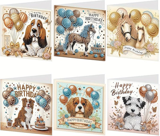 Tontut 6 Pieces Diamond Art Painted Greeting Cards, Horse Puppy Balloon 5D DIY Special Shape Diamond Card Creative Gifts, Christmas Thanksgiving Greeting Card Congratulation