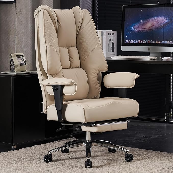 Big and Tall Office Chair 400lbs Wide Seat, Leather High Back Executive Office Chair with Foot Rest, Ergonomic Chairs Lumbar Support for Lower Back Pain Relief (Beige)