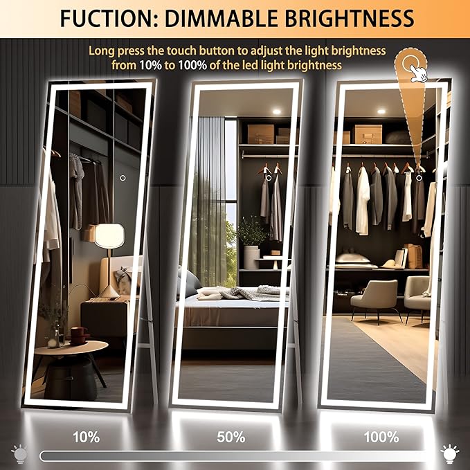 Hasipu Full Length Mirror with Lights, 67" x 24" LED Lighted Floor Standing, Full Body Dressing Hanging Mounted Mirror, Dimmable, Tempered Glass, Safe to Use, Square White