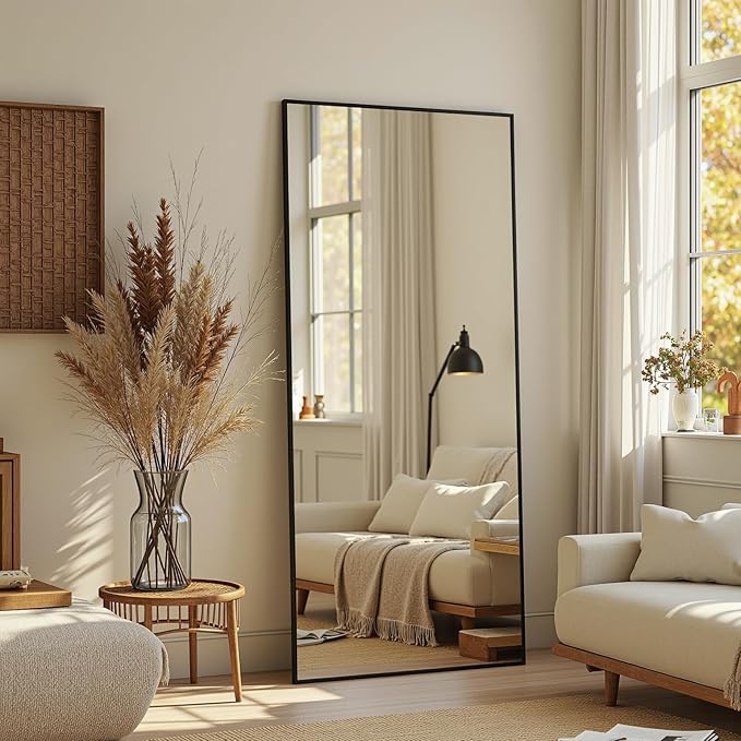 Full Length Mirror, 58"x21" Oversized Floor Mirror Freestanding, Full Body Mirror Floor Standing Mirrors with Stand, Hanging Mounted Mirrors for Bedroom Living Room, Black, Rect Style