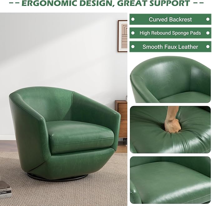 UIXE Faux Leather Swivel Accent Chairs Set of 2, Barrel Chair Upholstered Club Armchair for Living Room, Comfy Single Sofa Bedroom Side Reading Seat - Green
