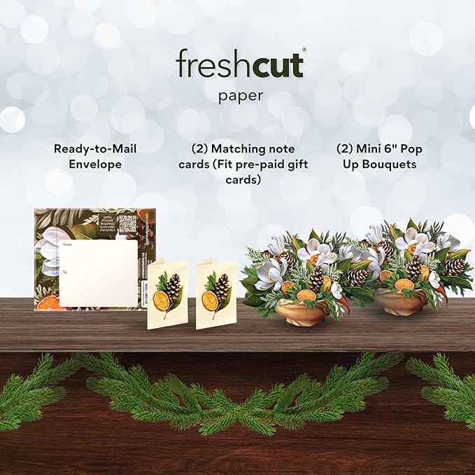 Freshcut Paper Pop Up Cards, Mini Winter Magnolia (Set of 2), 6 Inch Mini Sized Forever Flower Bouquet 3D Popup Greeting Card, Christmas Cards, Holiday Card, Blank Notecard & Envelope