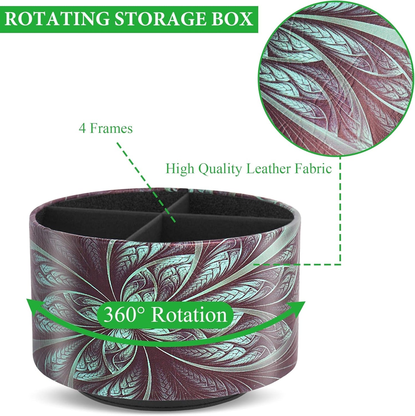 lizimandu Round Leather Art Supply Organizer,Remote Control Holder,360 Degree Rotating,Multi-Functional Pencil Holder,4 Compartments Desktop Stationary Organizer(1-Green Flower)