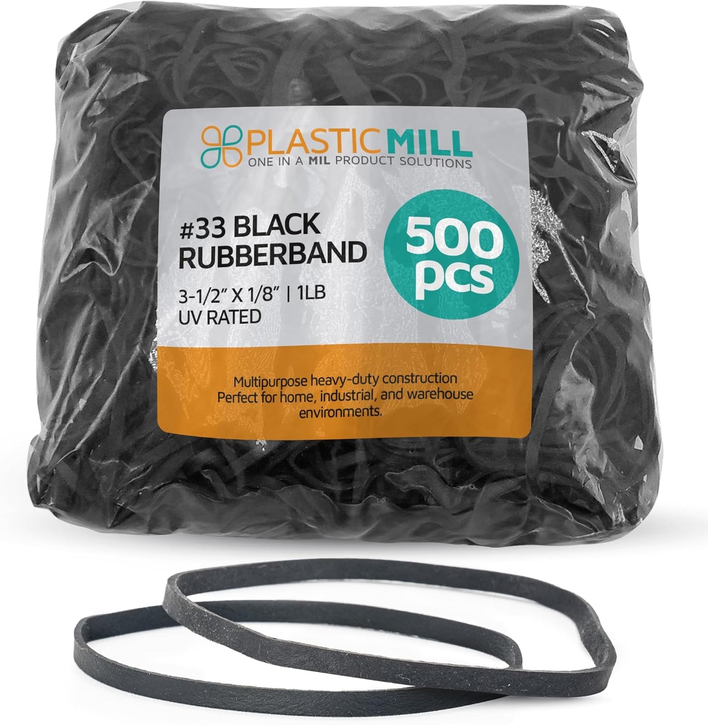 PlasticMill UV Resistant Rubber Bands Size 33 (3 1/2" x 1/8") - EPDM #33 Black Rubber Bands Office Supplies - Strong, Elastic Bands for Crafts, Cash, File Folders (500-Pack)