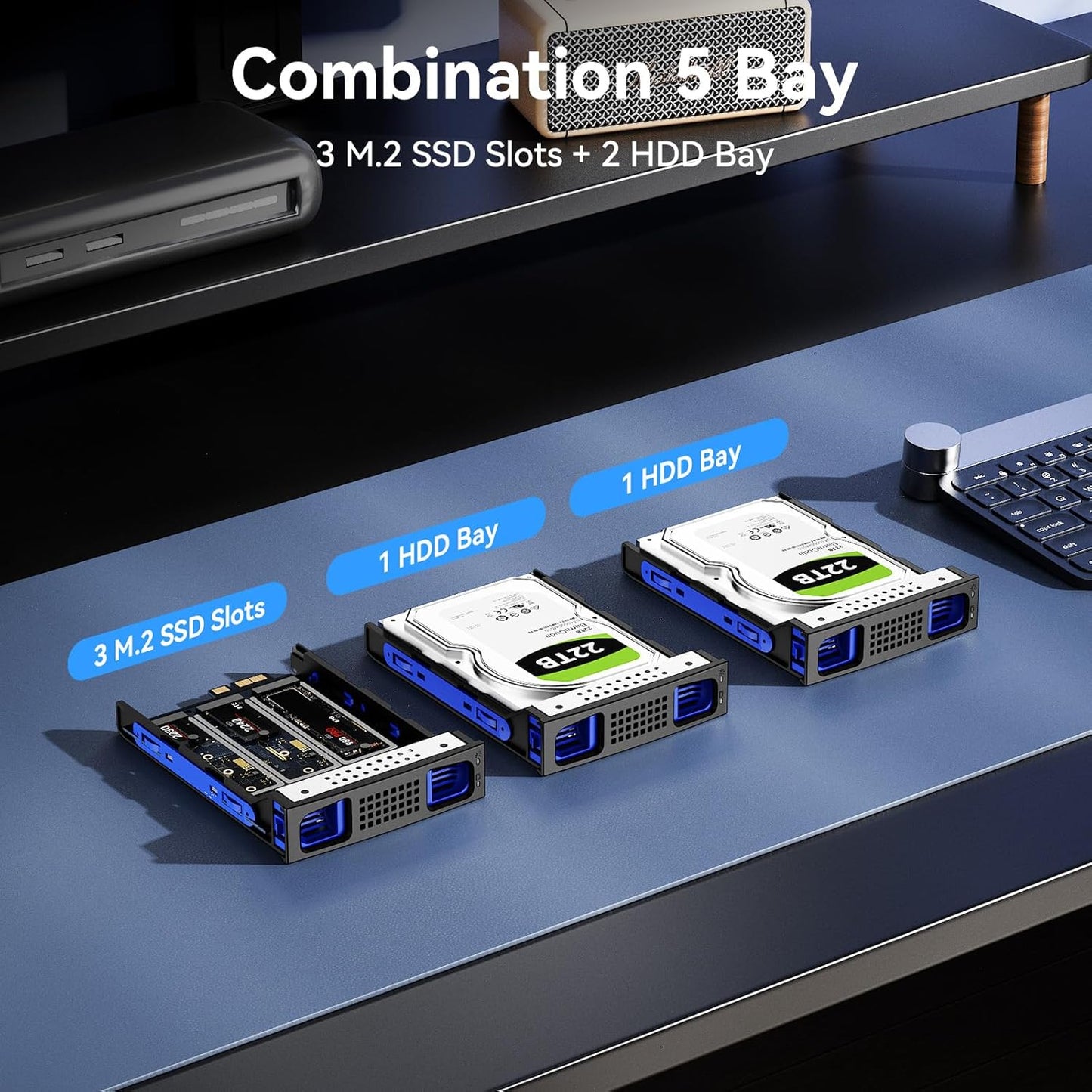 Hybrid 2*2.5/3.5" SATA HDD/SSD+3* M / B+M Key M.2 NVMe Enclosure with Cooling Fan and USB A/C 3.2 Gen 2, Hard Drive Enclosure Support 68TB(2*22TB HDD+3*8TB 2230/2242/2260/2280/22110 SSDs)