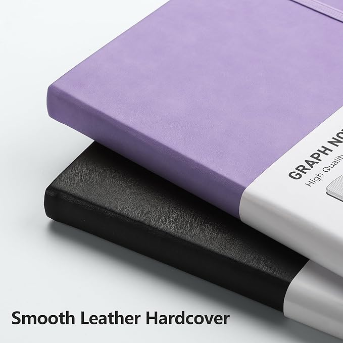 RETTACY Graph Grid Paper Notebook, 2-Pack, 192 Pages per Pack, A5 Medium Size (5.7'' x 8.3''), Leather Hardcover, 100 GSM Thick Paper, for School, Students, Math, Engineering (Black & Purple)