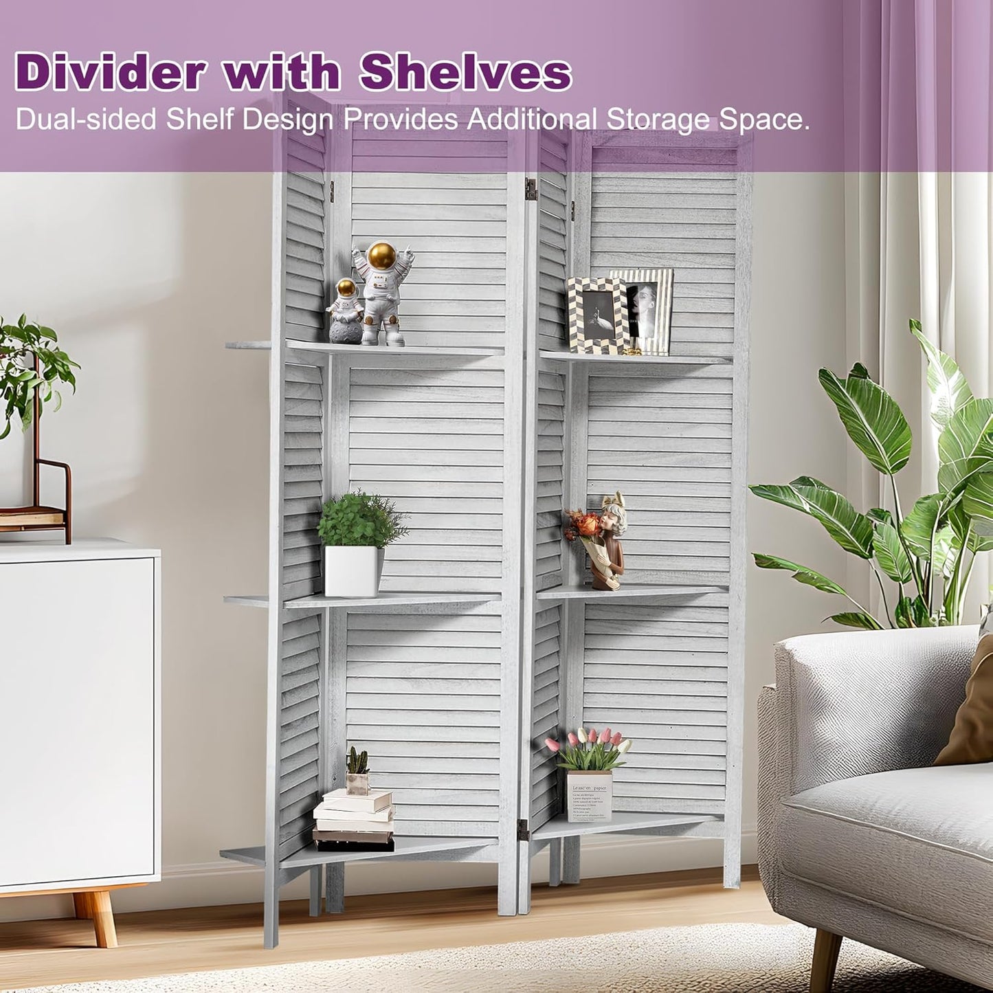 Room Divider with Shelves, 5.6FT Folding Room Divider Panel, 4 Panel Wood Partition Wall Divider for Room Separation, White