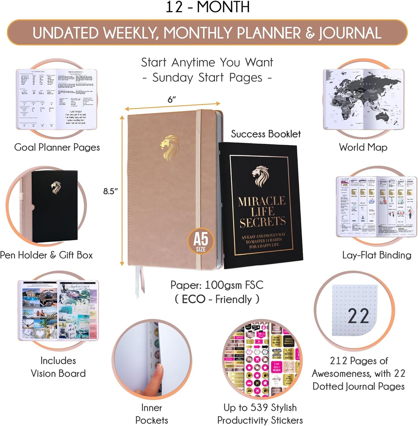 Hourly Planner - Undated Daily, Weekly & Monthly Planner with Budget Section | A 12 Month Journey to Increase Productivity & Happiness | Life Organizer & Gratitude Journal - Vertical Format