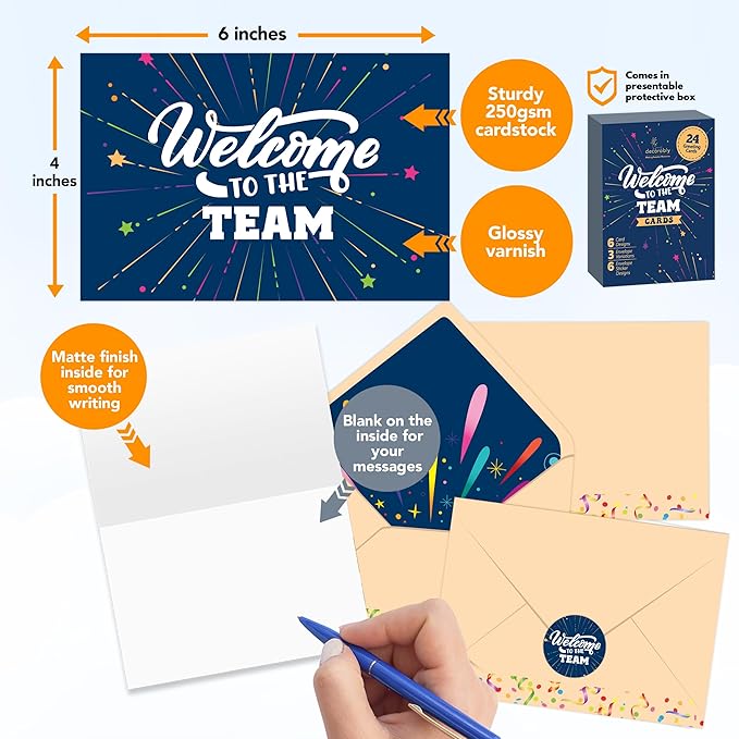 Decorably 24 Pack 6x4in Welcome To The Team Cards with Envelopes and Stickers, 6 Festive Designs Welcome Cards for New Employees, Blank Inside