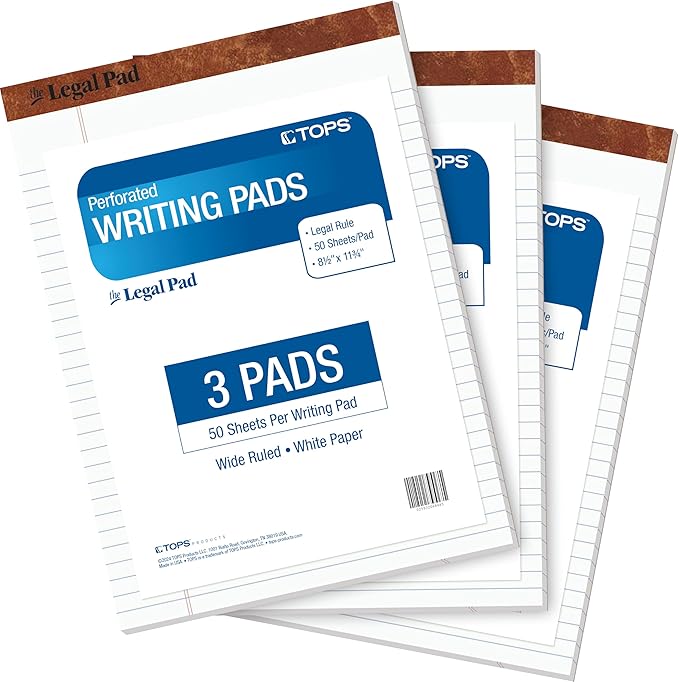 Tops 8.5x11 Legal Pads,3 Pack, The Legal Pad Brand, Wide Ruled, White Paper, 50 Sheets per Writing Pad, Made in the USA