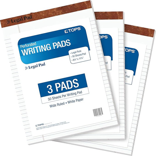 Tops 8.5x11 Legal Pads,3 Pack, The Legal Pad Brand, Wide Ruled, White Paper, 50 Sheets per Writing Pad, Made in the USA