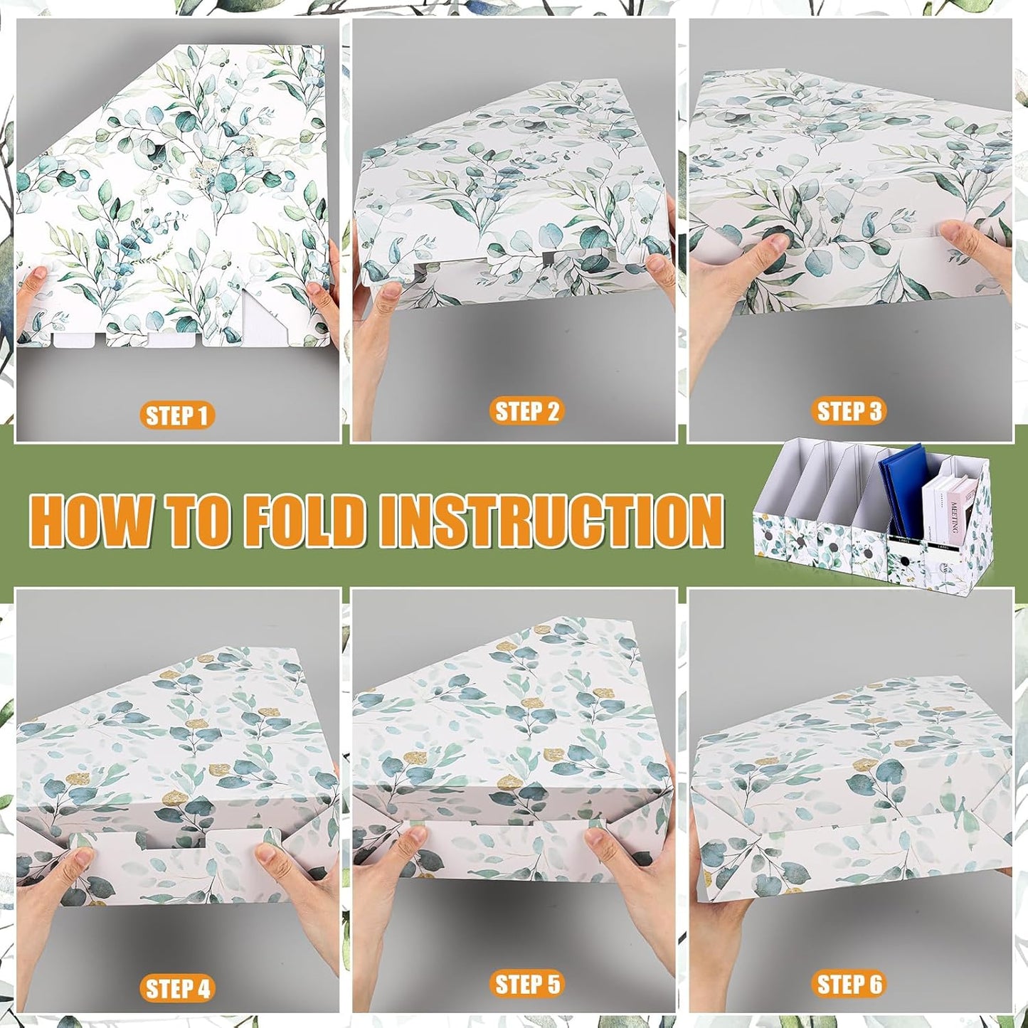 PerKoop 6 Pcs Magazine File Holder Foldable Decorative Cardboard File Folders 6 Patterns Floral Colored Magazine Rack with Printable Sticker Labels for School Office Home Desk (Eucalyptus Leaves)