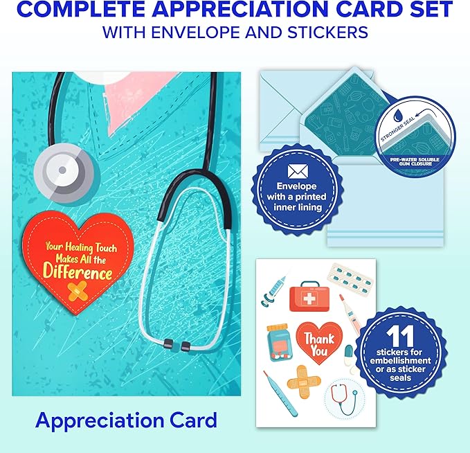 Decorably Gold Foiled 5x8in Individual Nursing Thank You Cards Set with Heart Cutout, Nurse Thank You Card Set with Envelope and Stickers, with Printed Message Inside - Nurse's Day