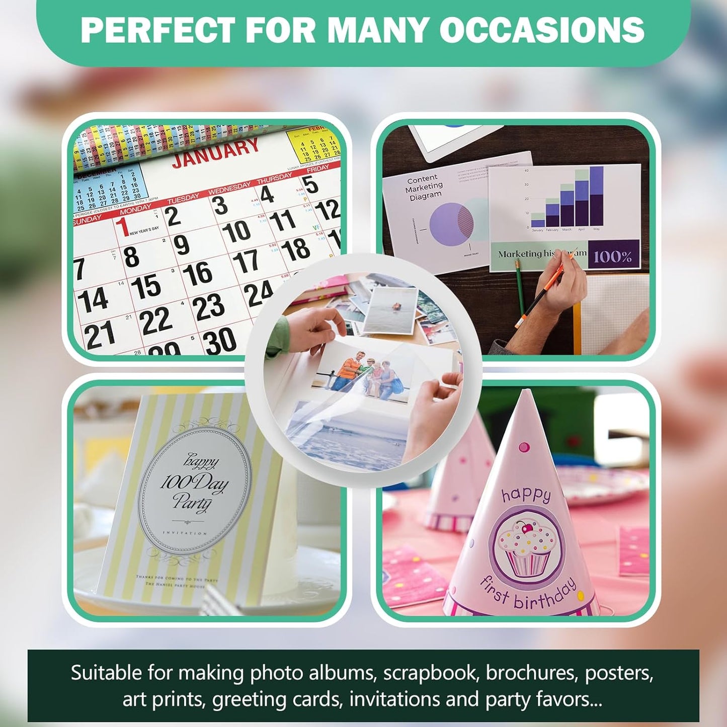 Glossy Photo Paper 4x6, 5x7, 8.5x11, 60 Variety Pack Bulk, Assorted Sizes, Inkjet printer, 52lb/200gsm