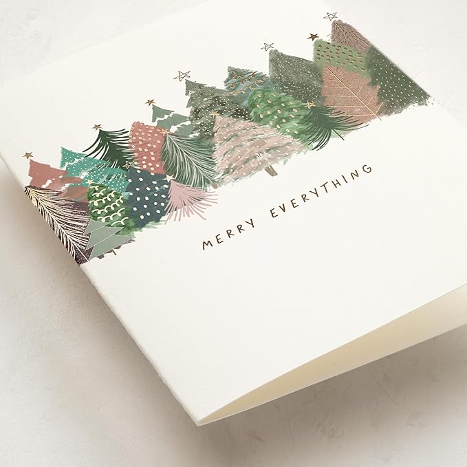 Minted Merry Everything Holiday Cards, 8 Cards with Envelopes, Folded 5x7 Christmas Card with Colorful Hand-Illustrated Christmas Trees, Gold Foil-Pressed, Luxurious Paper, Interior Message Included