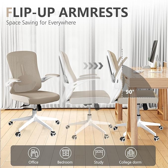 Office Chair, Ergonomic High Back Comfy Desk Chairs and Flip-up Armrest Lumbar, Swivel Tilt Function Backrest Computer Chair,PU Rolling Wheels Capacity 350LBS (Khaki)