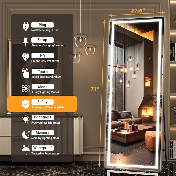 Hasipu Full Length Mirror with Lights, 71" x 27.6" LED Lighted Floor Standing Mirror, Full Body Dressing Hanging Mounted, Dimmable, Tempered Glass, Safe to Use, Square Black