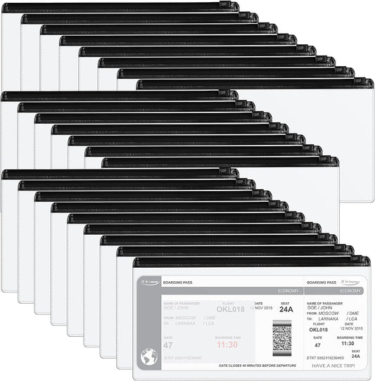 Marspark 100 Pieces Clear Pencil Case Zipper Envelope Bulk with Label Pocket Clear Plastic Envelopes with Zippered, A6 Pencil Bags for Cash, School Office Supplies, 9.2 x 4.7 Inches(Black)