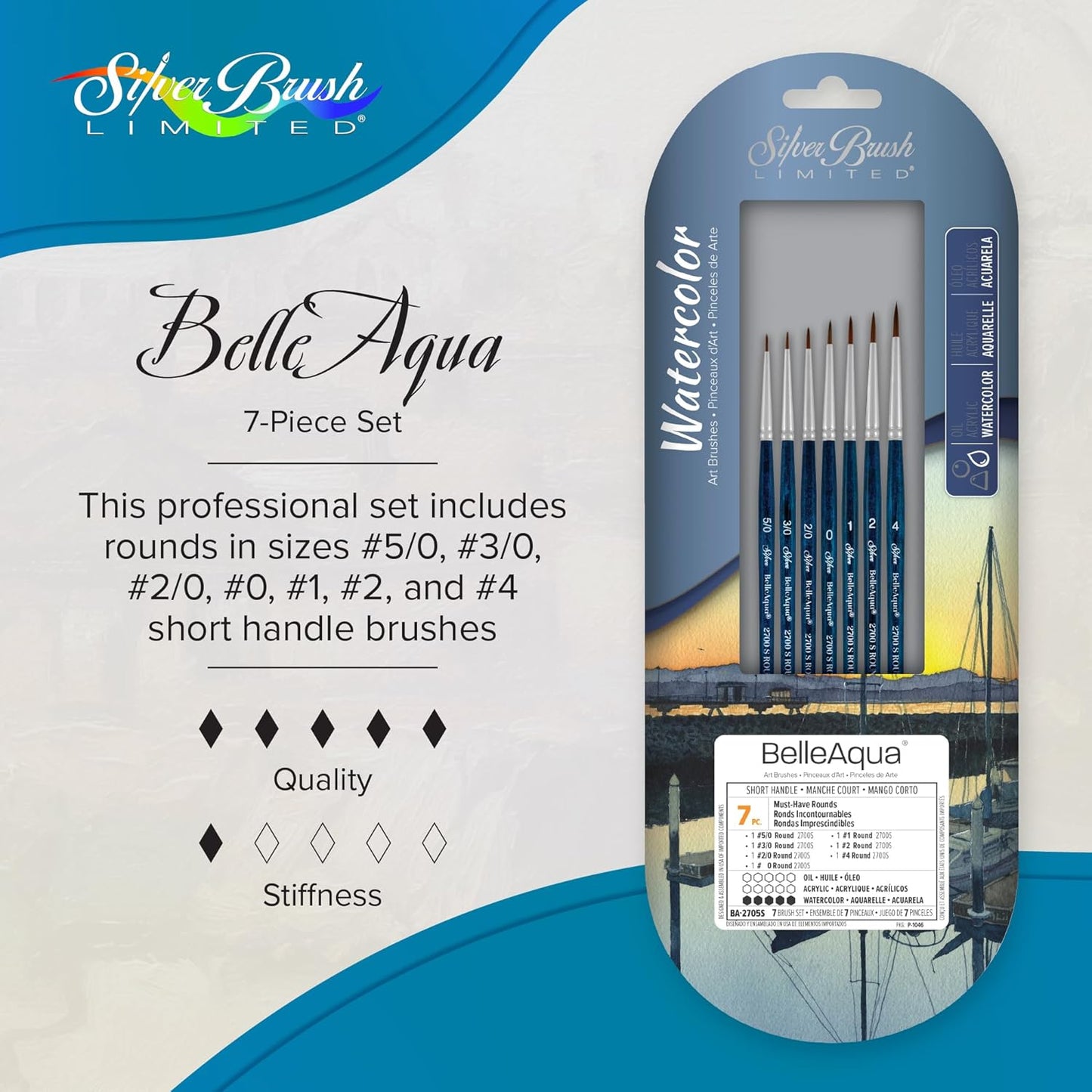 Silver Brush Limited BA-2705S BelleAqua Must-Have Rounds 7pc Round Watercolor Brush Set, Professional Soft Synthetic Red Sable Small Detail Round Paint Brush Set, Sizes 5/0, 3/0, 2/0, 0, 1, 2, and 4