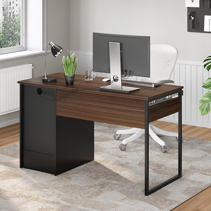 Bestier 48” Computer Desk with Drawers, Office Desk with Storage, Industrial Wood Writing Desk with File Drawer, Keyboard Tray & 2 Hooks for Home Office & Studio, Cherry