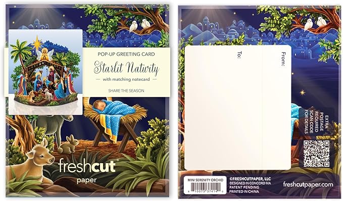 Freshcut Paper Pop Up Cards, Mini Starlit Nativity, 6 Inch Mini Sized 3D Popup Greeting Card and Paper Nativity Scene, Christmas Cards, Holiday Card, Blank Notecard & Envelope