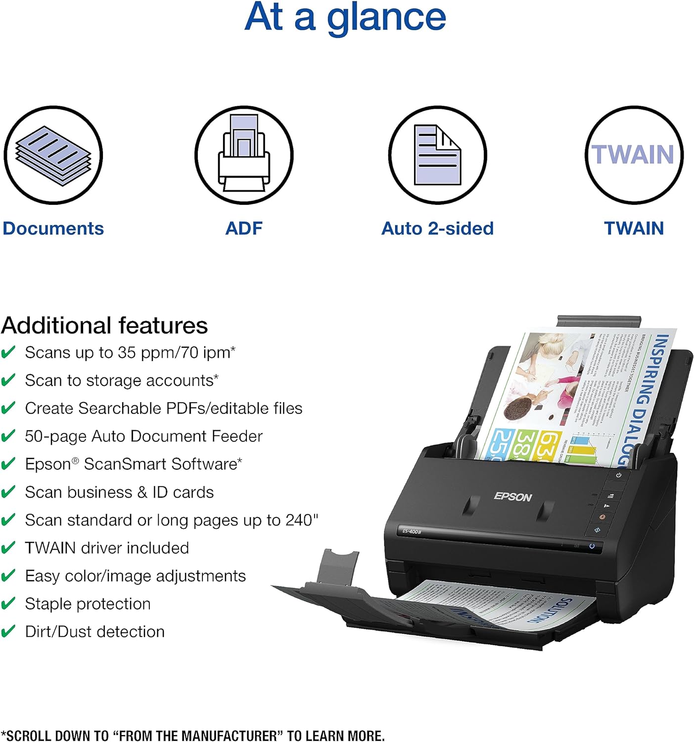 Epson Workforce ES-400 II Color Duplex Desktop Document Scanner for PC and Mac, with Auto Document Feeder (ADF) and Image Adjustment Tools, ES-400 II